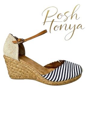White Mountain Mamba Striped Espadrille Wedge Sandals Blue White Size 10 Coastal